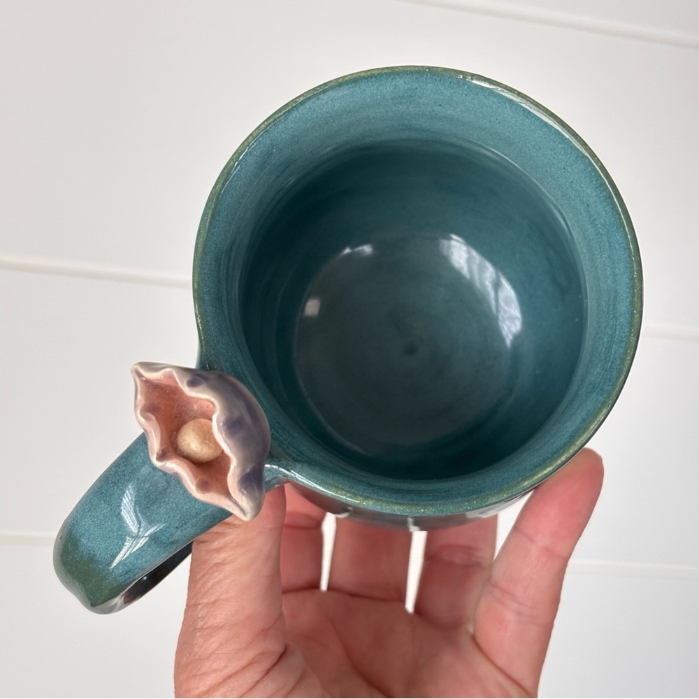 Handmade Teal Ocean Waves Ceramic Mug with Oyster and pearl Accent On Handle - Picture 3 of 11